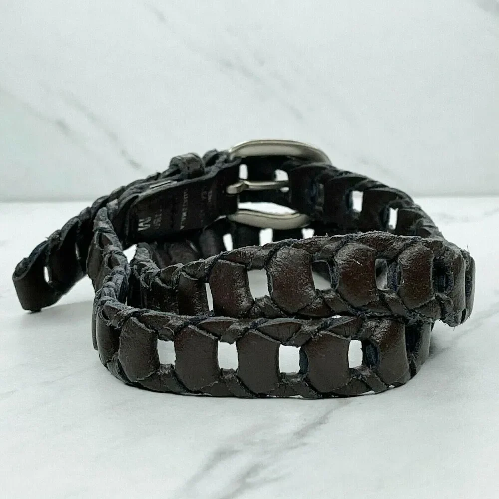 Vintage Brown Woven Leather Belt Silver Buckle Medium (M) ✨
